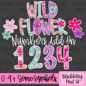 Números e símbolos de flores silvestres adicionados ao conjunto de letras alfa desenhadas à mão PNG Download digital Sublimação desenhada à mão DTF