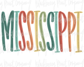 May include: A colorful graphic design of the word "MISSISSIPPI" in a retro style with a rainbow color scheme. The letters are outlined in black and have a hand-drawn, whimsical look.
