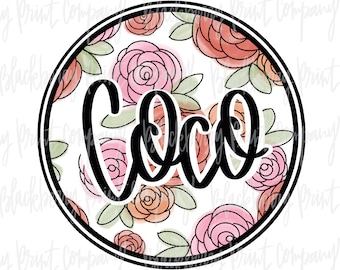 Coco Floral Circle PNG Sublimation Hand Lettered Watercolor Instant Download