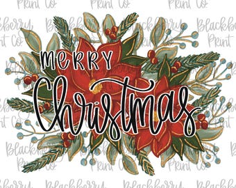 Vrolijk kerstfeest bloemen rood groen goud glitter PNG handletters sublimatie digitale download