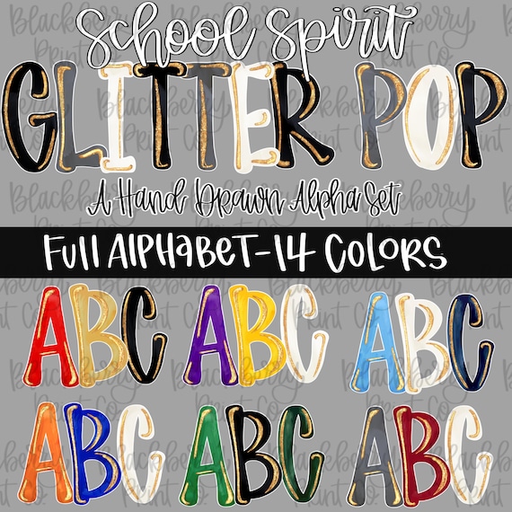 School Spirit Glitter Pop Alpha Set PNG Hand Drawn Letters Digital Download Alphabet Sublimation DTF
