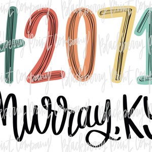 May include: A colourful graphic design featuring the numbers 42071 and the text "Murray, KY". The numbers are in a hand-drawn style with a layered effect, and the text is in a bold, handwritten font.