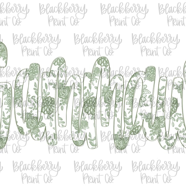 Gammaw Green Floral Filled PNG Digital Download Hand Drawn Sublimation DTF