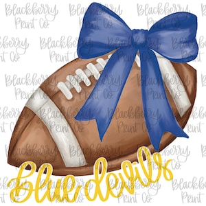 Fußball mit Schleife PNG Blue Devils Fußball PNG DTF Sublimation Hand gezeichnet Hand beschriftet Digitaler Download Schulmaskottchen