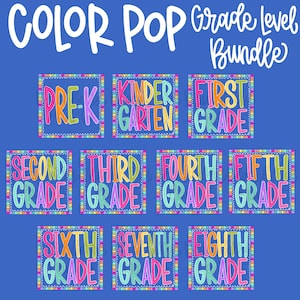 May include: A digital graphic set titled COLOR POP Grade Level Bundle on a blue background. It features eleven square labels with multicolored, hand-lettered text for Pre-K through Eighth Grade, each framed by a vibrant, multi-colored dashed border.