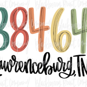May include: A colorful graphic design with the numbers 38464 and the text "Lawrenceburg, TN".