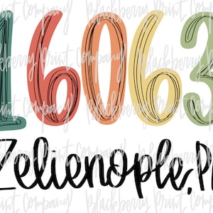 May include: A colourful graphic design featuring the numbers 1603 and the text "Zelienople, PA". The numbers are in a rainbow colour scheme with a black outline. The text is in black.