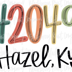 May include: A graphic design featuring the numbers 42049 in a retro style with a green, orange, red, and yellow colour scheme. The text "Hazel, Ky" is written in black cursive below the numbers.