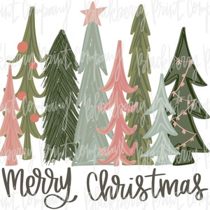 Sapins de Noël roses et verts PNG avec inscription en téléchargement numérique par sublimation