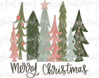 Christmas Trees Pink and Green PNG Hand Lettered Sublimation Digital Download