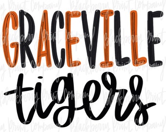 May include: A graphic design featuring the words "GRACEVILLE" in black and orange block letters above the word "tigers" in a black script font. The design is likely for a school or team.
