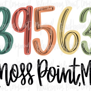 Può includere: Un design grafico colorato con i numeri 39563 in stile retrò con contorno nero. Il testo "Moss Point, MS" è scritto in nero sotto i numeri.