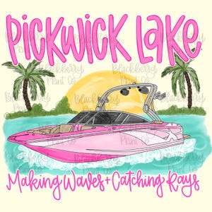 May include: Pink boat illustration with the text "Pickwick Lake" in a bubble font. The image includes palm trees, a sun, and the phrase "Making Waves + Catching Rays". The boat is on the water.