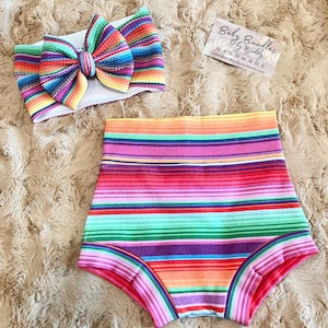 Fiesta Serape Bummy Shorts and Matching Bow Set / My First Fiesta / First Birthday Outfit / Handmade / Toddler Baby Girl