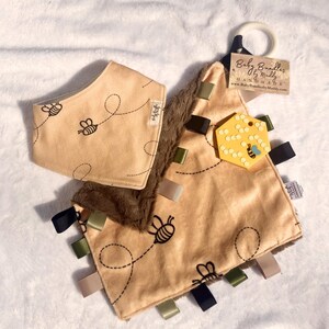 Baby Honey Bee Minky Tag Lovey, Honeycomb Silicone Teether, and Matching Drool Bandana Bundle | Gender Neutral Baby Shower Gift