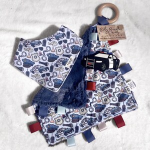 Policeman Minky Tag Lovey, Police Car Teether, and Matching Drool Bandana | Future Little Police Officer | Baby Shower Gift Bundle