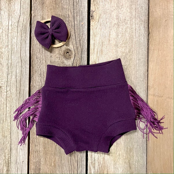 Eggplant Purple Fringe Bummy Shorts and Matching Bow Set / Western Style / First Birthday Outfit / Rodeo Clothes / Handmade / Toddler Baby