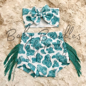 Turquoise Glitter Cow Print Fringe Bummies with Matching Bow Sets / Western Baby Girl Clothing / Birthday Pictures Rodeo Outfit / Baby Bows