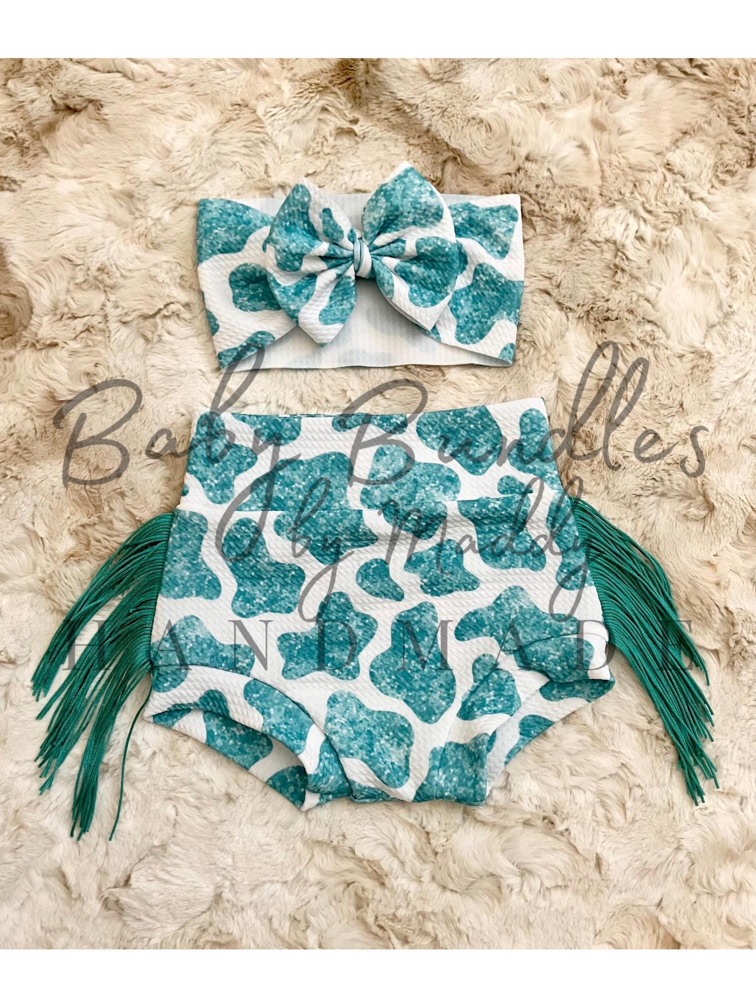 Turquoise Glitter Cow Print Fringe Bummies with Matching Bow Sets / Western Baby Girl Clothing / Birthday Pictures Rodeo Outfit / Baby Bows