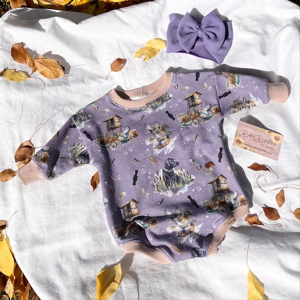 Lavender Purple Duck Dog Sweater Romper and Matching Bow / Baby Girl / Hunting Themed / Handmade Clothing / Black Lab Duck Dog