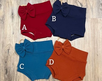 Handmade Baby Girl Bummies with Matching Bow, Solid Color Shorts