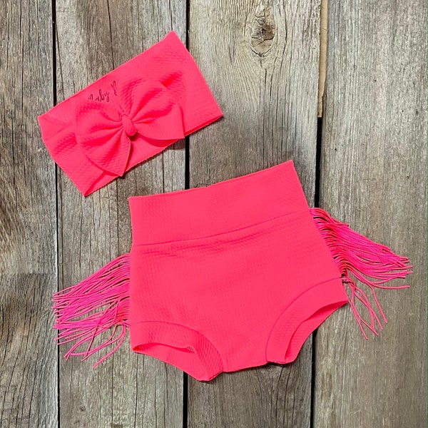 Neon Pink Fringe Bummy Shorts and Matching Bow Set / Western Style / First Birthday Outfit / Rodeo Clothes / Handmade / Toddler Baby Girl
