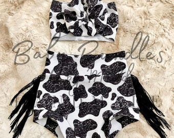 Black Glitter Cow Print Fringe Bummies with Matching Bow Sets / Western Baby Girl Clothing / Birthday Pictures Rodeo Outfit / Baby Headwrap