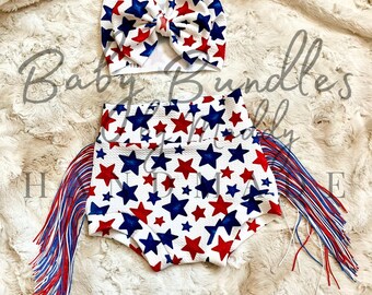 Red White and Blue Star Fringe Bummies and Matching Bow Set / July 4th Outfit / American Baby Clothing / Baby Toddler Fringe Bummy Shorts