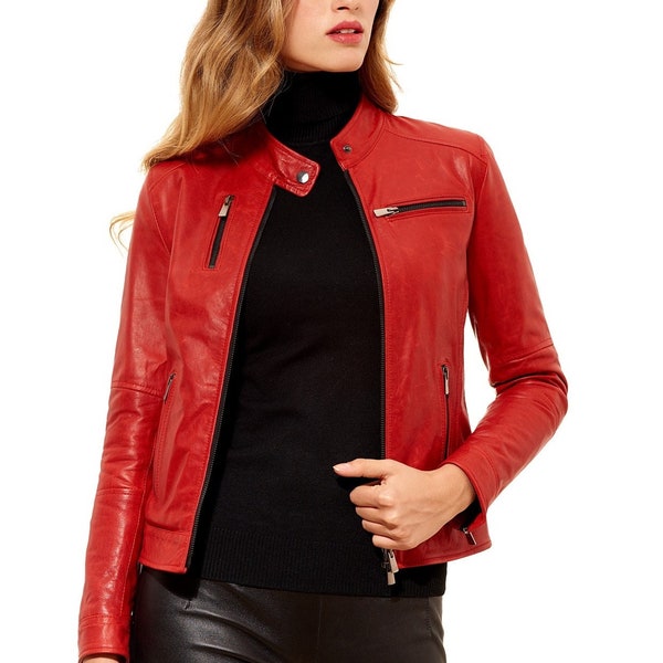 Blouson en cuir pour femme, motard pour femme, moto en cuir véritable rouge, blouson aviateur vintage en cuir d'agneau 12