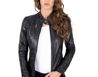 Leather Jacket for Women's, Biker Jacket for Women's, Handmade Motorcycle Black Genuine Leather, Lambskin Vintage Bomber Jacket 12