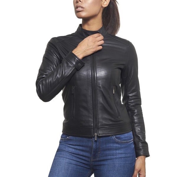 Blouson en cuir pour femme, perfecto fait main pour femme, blouson moto noir en cuir d'agneau véritable vintage 8