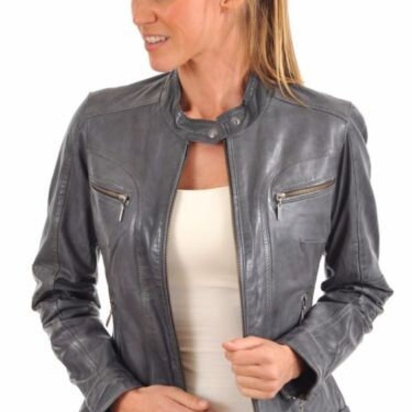 Blouson en cuir pour femme, motard pour femme, motard en cuir véritable gris, blouson aviateur vintage en cuir d'agneau 17