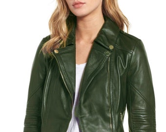 Handmade Leather Jacket for Women's, Biker Jacket for Women's, Motorcycle Olive Green Genuine Leather, Lambskin Vintage Bomber Jacket 38