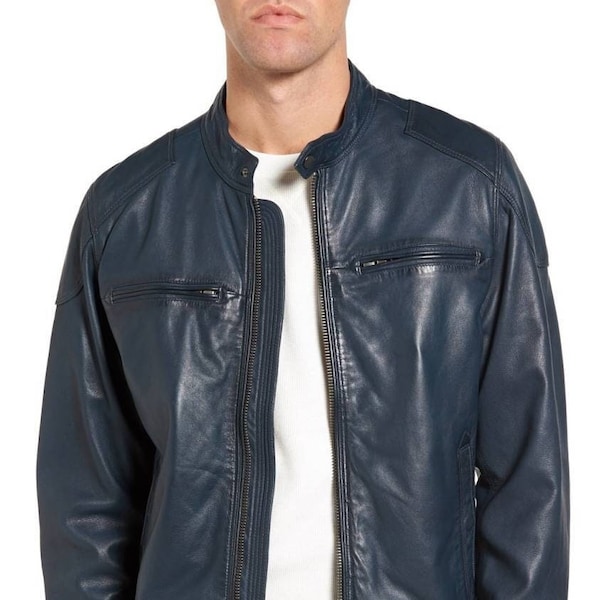 Leather Jacket for Men's, Handmade Biker Jacket for Men's Motorcycle Blue Genuine Leather Lambskin Vintage Bomber Jacket 22