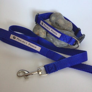May include: A blue dog lead and collar set with a silver clip and the text "Project Pooch" printed on both items.