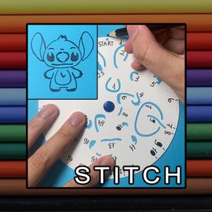 May include: A circular white drawing guide with numbered blue segments and a central blue dot, used to create a line drawing of the character Stitch. The guide features the word START with an arrow and the text STITCH at the bottom.