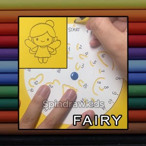 May include: A white circular drawing stencil with numbered cutouts and a blue center point, used to create a line drawing of a fairy. The stencil features the text START and FAIRY, with a yellow inset showing the completed fairy illustration.