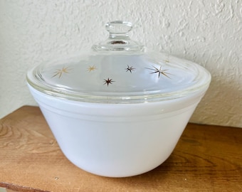 Vintage Rodney Kent Starline Atomic Star Milk Glass Casserole Dish