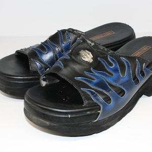 Harley Davidson Blue Flame Platform Slide Sandals Etsy
