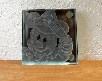 Vintage Sailor Mickey Mouse Etched Glass Paperweight, Disney Cruise Line, Signed
