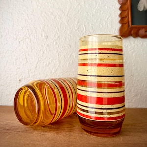 Vintage Anchor Hocking Amber Glasses with Yellow and Red Stripes – Set of 2