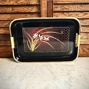 Vintage Black Lacquerware Tray with Red and White Flower Pattern - Made in Japan