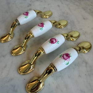 Vintage Brass and Porcelain Drawer Pull Handle Set of 4 Rose Pattern
