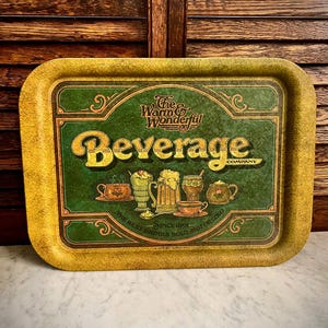 Vintage 1970s Tin Beverages Tray – Retro Drink Serving Tray