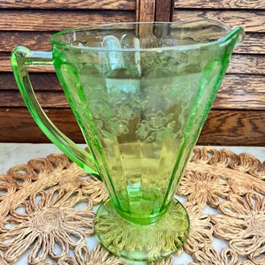 Vintage Jeannette Glass Green Cherry Blossom Cone-Shaped Pitcher