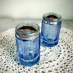 Indiana Glass Blue Recollection Salt and Pepper Shakers Scroll Pattern Chrome Lids Vintage Set