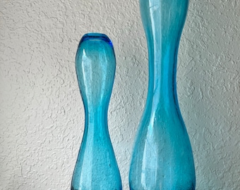 Set of 2 Blue MCM Art Glass Bubble Vases – Teal Mid Century Modern Decor