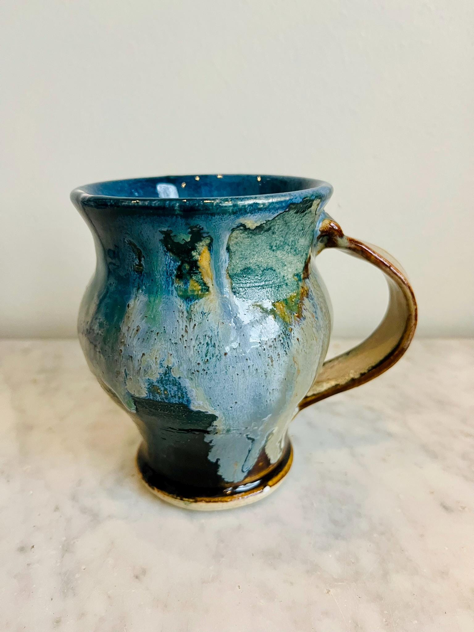 Vintage Handmade Studio Art Pottery Mug Blue Green Drip Glaze - Etsy