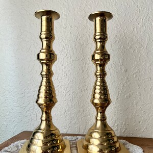 Heavy Pair of Polished Brass Beehive Style Candlesticks by Hampton