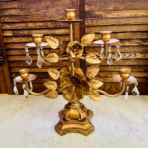 Vintage Brass Candelabra - 5 Arm Ornate with Prisms